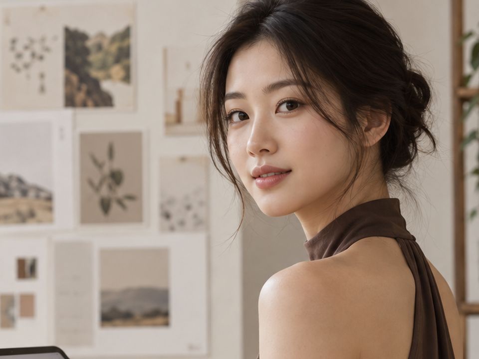 벽면에 붙인 시안 앞에서 작업을 이어가는 디자이너